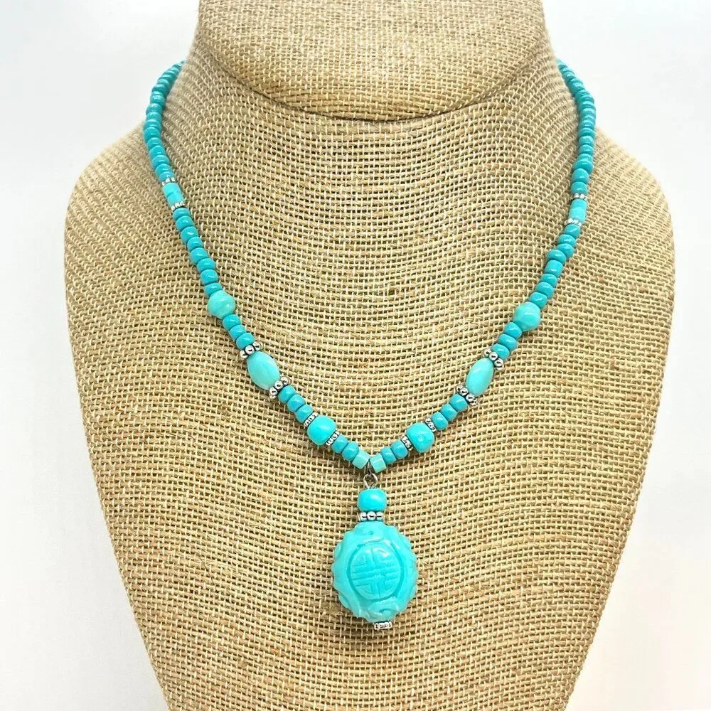 VINTAGE AVON NECKLACE Blue Double Happiness Carved Pendant Turquoise Beads